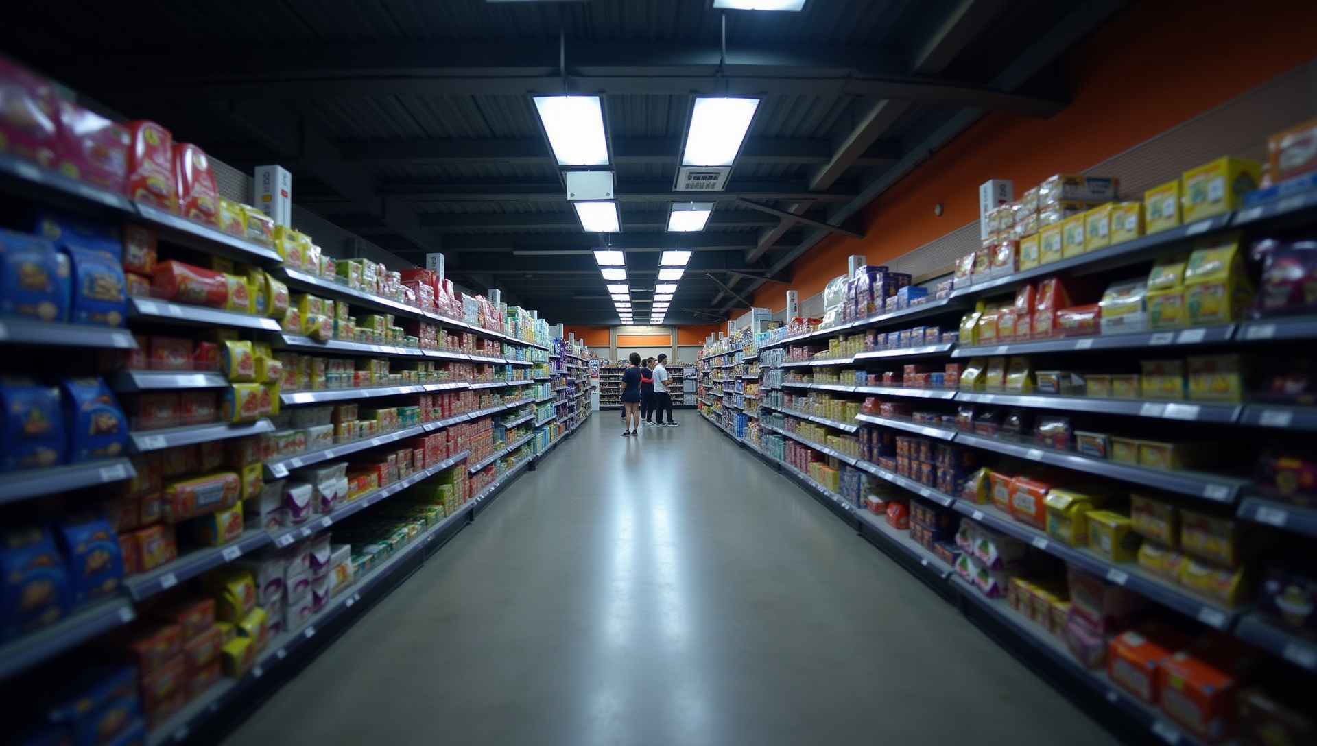 Fluorescent-lit store aisle